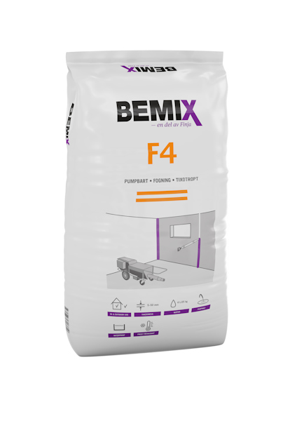Vit säck med texten "BEMIX F4" och illustrationer av verktyg och applikationer inom bygg.