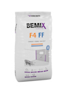 Vit förpackning av Bemix F4 FF fogbruk med text och symboler som indikerar produktens egenskaper.
