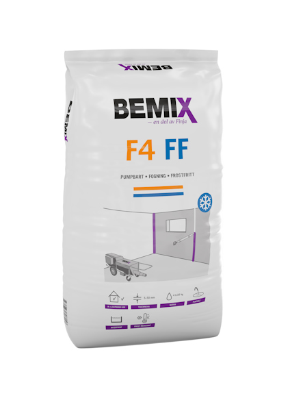 Vit förpackning av Bemix F4 FF fogbruk med text och symboler som indikerar produktens egenskaper.