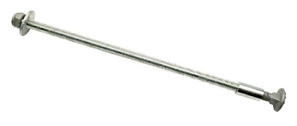 Gängad metallstång med muttrar och brickor monterade på ändarna.