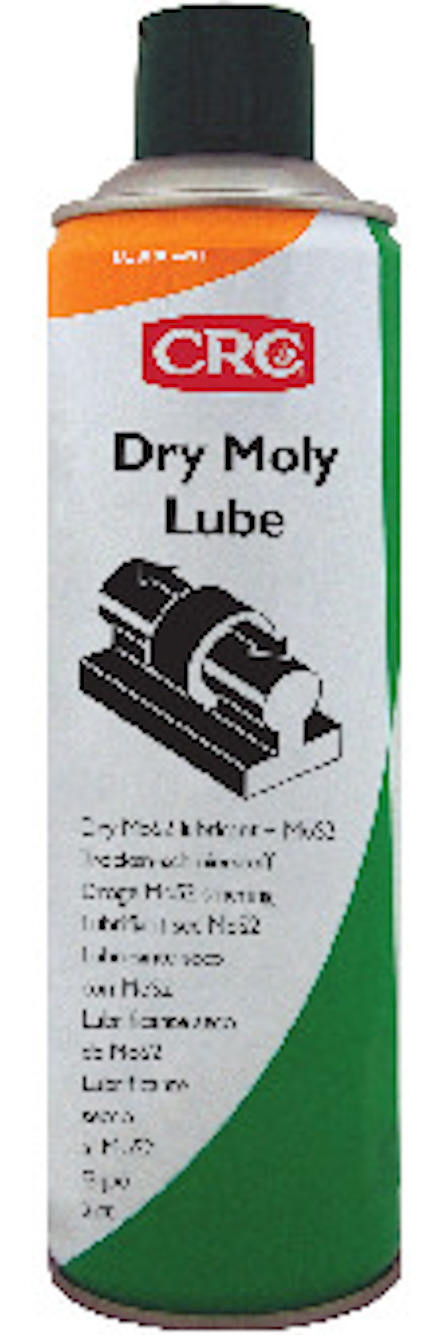 Grön och vit sprayburk märkt "CRC Dry Moly Lube" med en metallapplikator ovanpå.