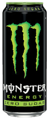 Svart burk med gröna Monster Energy-logotypen och texten "Zero Sugar" längst ner.