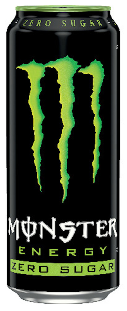 Svart burk med gröna Monster Energy-logotypen och texten "Zero Sugar" längst ner.