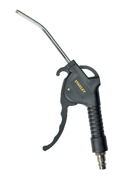 Renblåsningspistol med svart handtag och metallspets. Text "STANLEY" synlig på handtaget.