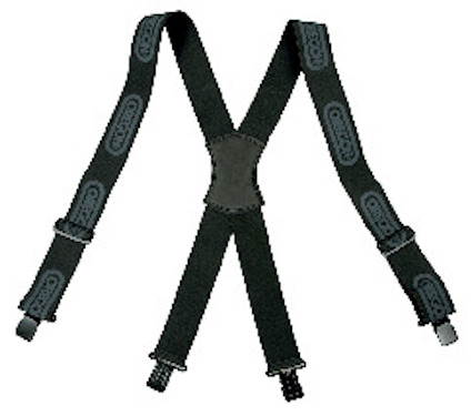 Svarta hängslen med clips och justerbara remmar, märkta med texten "OREGON".