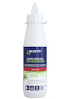 Vit flaska med skruvkork, märkt "Bostik Wood Adhesive 730 Outdoor" och texter om produktinformation.