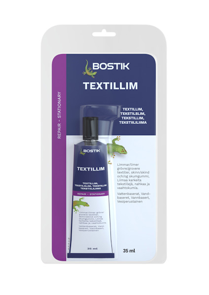 Förpackning med lila och svart design och en rektangulär etikett med texten "Bostik Textillim" och en bild av en limtub.