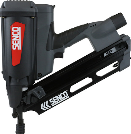 Spikpistol i svart och rött med logotypen "Senco" synlig på flera ställen.