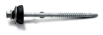 Metallskruv med gängad spets och en gummibricka under skallen, visad från sidan mot en vit bakgrund.