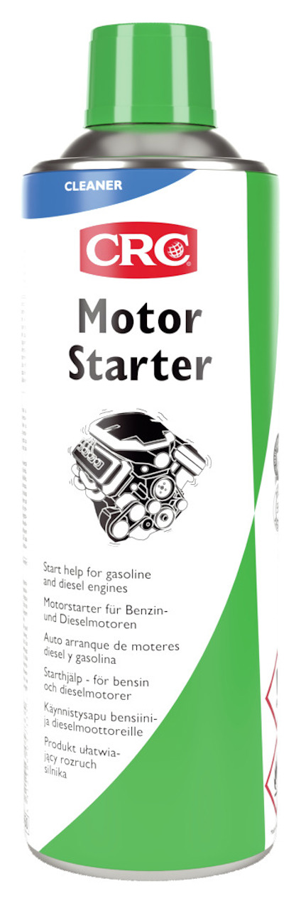 Grön och vit sprayburk märkt "CRC Motor Starter" med bild av en motor.