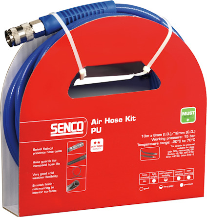 Röd förpackning med blå slang, etikett med texten "Air Hose Kit PU" och "Senco", samt bilder av slangdelar.