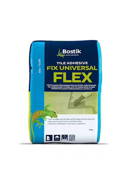 Förpackning av Bostik Cementfix Universal Flex 15kg med text och illustrerade bilder på kakelinstallation.
