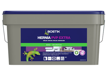 Behållare med texten "Bostik Hernia PVP Extra", illustration av en ödla, och symboler för olika användningsområden.