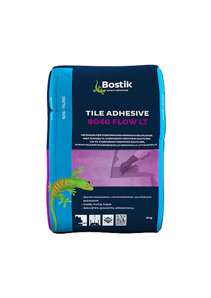 Förpackning av Bostik Tile Adhesive 8040 Flow LT, 15 kg, med en bild på instruktioner och logotypen.