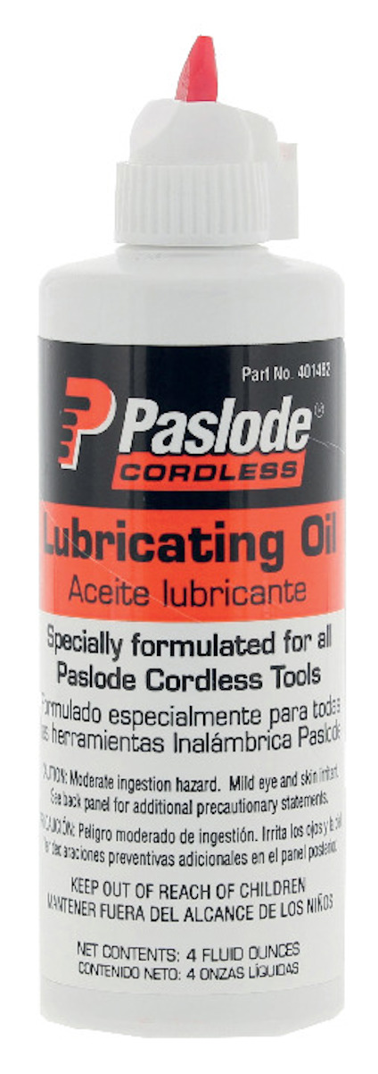 Vit flaska med röd topp innehållande smörjolja. Text på flaskan: "Paslode Cordless Lubricating Oil".