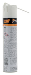 Vit sprayburk med orange och svart etikett, text och piktogram. Utrustad med ett spraymunstycke och ett transparent sugrör på locket.