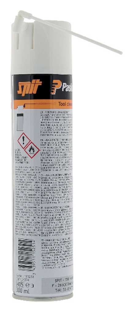 Vit sprayburk med orange och svart etikett, text och piktogram. Utrustad med ett spraymunstycke och ett transparent sugrör på locket.
