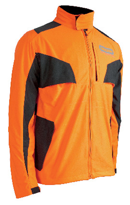 Orange jacka i varselfärg med svarta detaljer och dragkedja framtill.