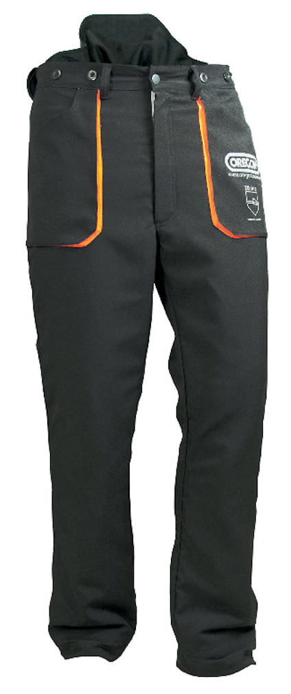 Midjebyxor i mörk färg med orange detaljer och logotyp på vänster ben.