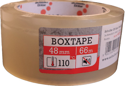 Transparent packtejp med etikett som visar texten "BOXTAPE 48mm x 66m" och symboler för temperatur och ljudnivå.