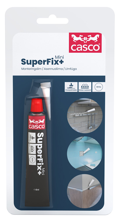 Förpackning innehållande Casco SuperFix+ monteringslim, inklusive en tub med vit kork och cirkulära bilder av användningsexempel.