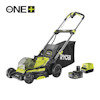 Grön och svart gräsklippare med batteri, laddare och insamlingspåse bredvid. Märket på sidan är "RYOBI".