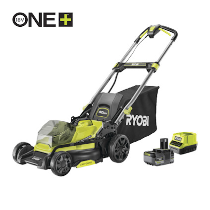 Grön och svart gräsklippare med batteri, laddare och insamlingspåse bredvid. Märket på sidan är "RYOBI".