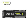 4V USB-litiumbatteri med texten "RYOBI USB LITHIUM 2Ah" synlig.
