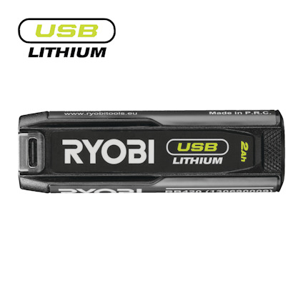 4V USB-litiumbatteri med texten "RYOBI USB LITHIUM 2Ah" synlig.