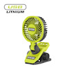 Grön och svart lampa med klämfäste, märkt "RYOBI" och "USB LITHIUM".