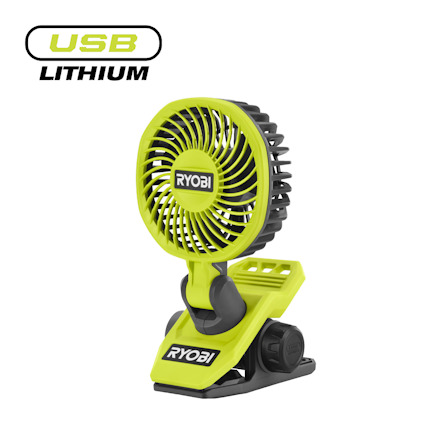 Grön och svart lampa med klämfäste, märkt "RYOBI" och "USB LITHIUM".
