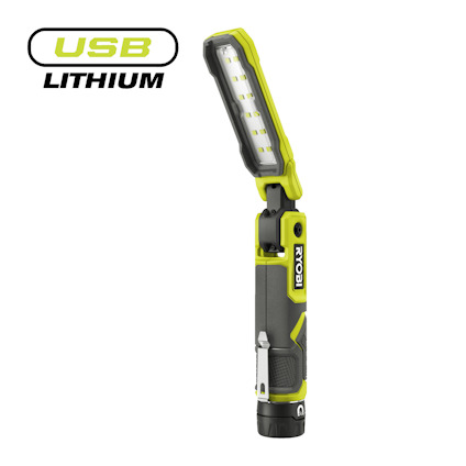 Inspektionslampa från RYOBI med USB-laddning och svart-grön design. Text: "USB LITHIUM".