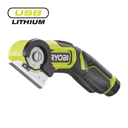 Batteridriven multisax med grönt och svart handtag. Märkt med "RYOBI" och "USB LITHIUM".