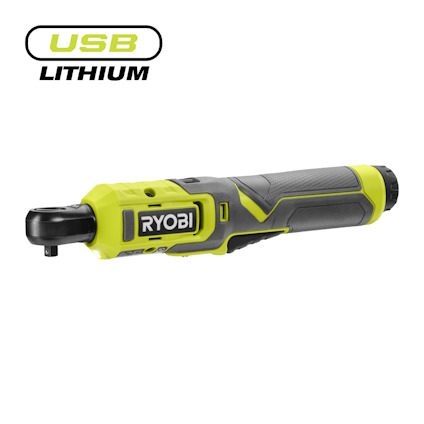 Spärrnyckel i grönt och svart med texten "RYOBI". Märkning "USB LITHIUM" syns ovanför verktyget.