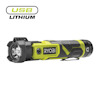 Svart och grön ficklampa med texten "RYOBI" på sidan, samt logotypen "USB LITHIUM" ovanför.