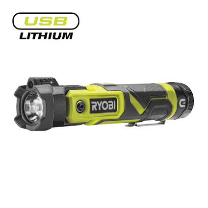 Svart och grön ficklampa med texten "RYOBI" på sidan, samt logotypen "USB LITHIUM" ovanför.