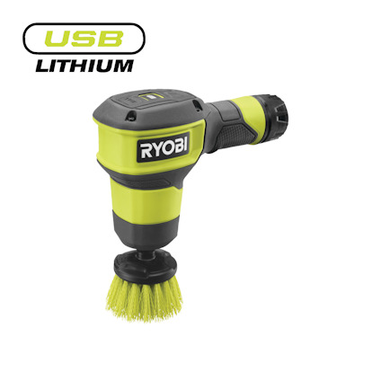 Bärbar rengöringsborste med grönt och svart handtag, märkt "RYOBI" och "USB LITHIUM".