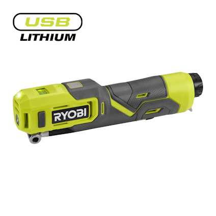 Grön och svart batteridriven volympump med Ryobi-logotyp och USB Lithium-märke ovanför.