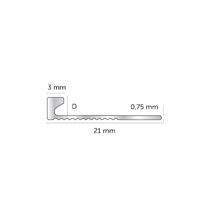 Skiss av en profilskena med måtten 3 mm, 21 mm och 0,75 mm.