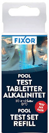 Förpackning med texten "Fixor Pool Test Tabletter Alkalinitet 10 st DPD Pool Test Set Refill".