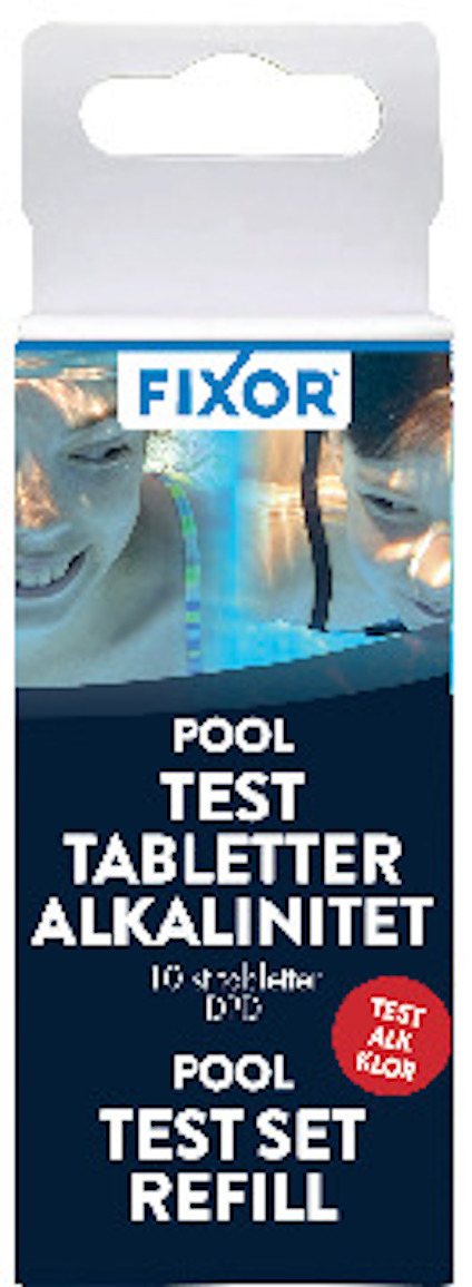Förpackning med texten "Fixor Pool Test Tabletter Alkalinitet 10 st DPD Pool Test Set Refill".