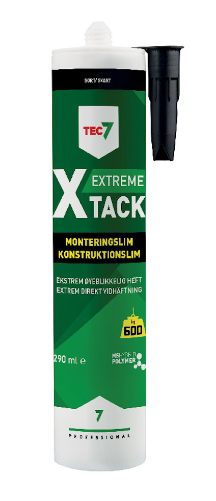 Vit tub med grönt och svart etikett för TEC7 X-Tack montering och konstruktionslim, 290 ml.