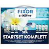 Förpackning med diverse spa-produktflaskor och tillbehör, märkt "Fixor by Nitor Spa Startset Komplett".