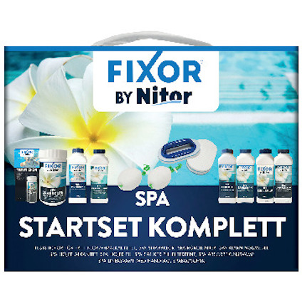 Förpackning med diverse spa-produktflaskor och tillbehör, märkt "Fixor by Nitor Spa Startset Komplett".