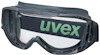 Skyddsglasögon med klar lins och svart ram, elastiskt band med grönt "uvex"-tryck.