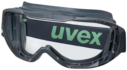 Skyddsglasögon med klar lins och svart ram, elastiskt band med grönt "uvex"-tryck.