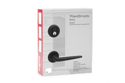 Förpackning för ytterdörrssats Porto i svart med dörrhandtag och låscylinder synliga på framsidan.