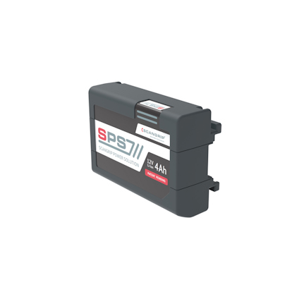 Batteri märkt "SPS" och "12V 4Ah" med svart hölje och ScanGrip-logotyp.