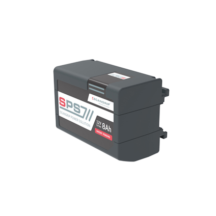 Rektangulärt batteri med etikett SPS 7, 12V och 8Ah. Svart med grå detaljer och röd text.
