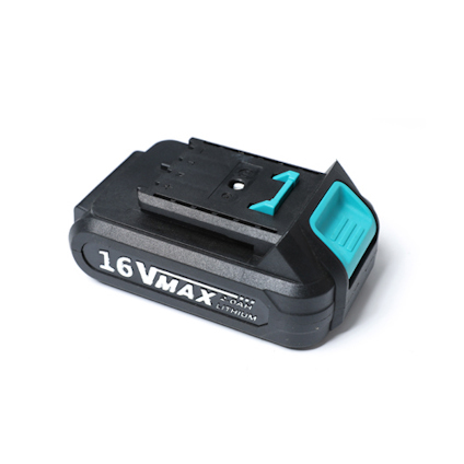 Svart batteri med texten "16V MAX" och ett blått handtag.